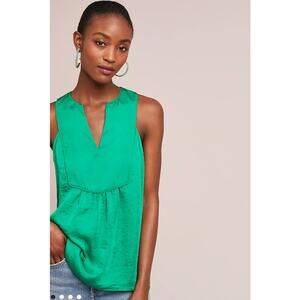 Anthropologie Emerald Green Sleeveless Notch-Neck Blouse